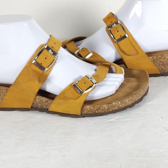 Bio Gold Women's US 9 Yellow Leather Toe Ring Slip On Low Wedge Sandals ITALY - Picture 11 of 16